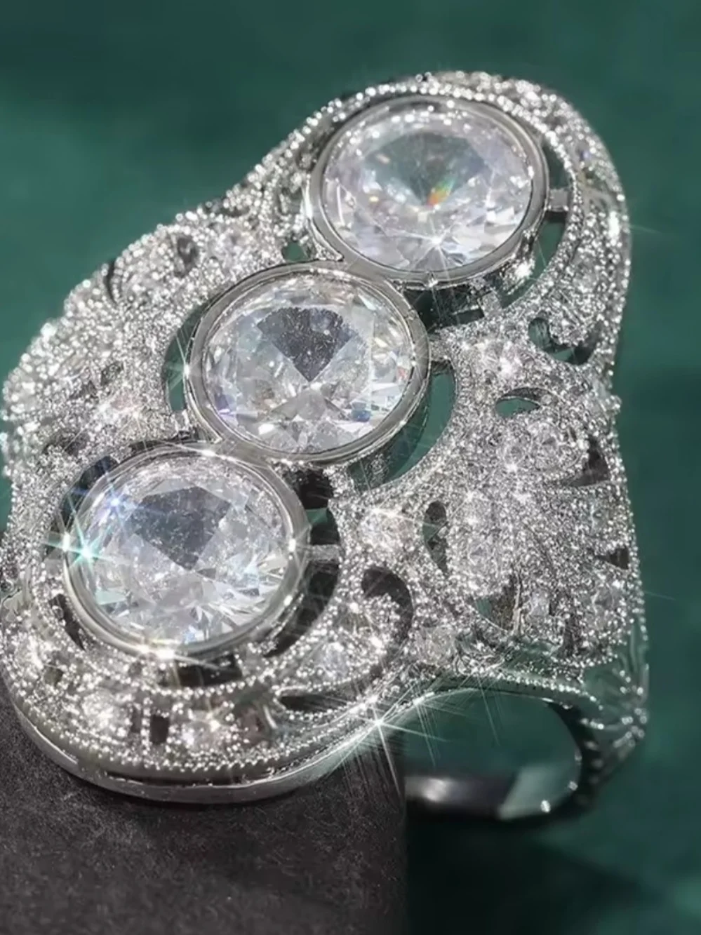 White Rhodium Three Stone White Quartz Filigree Ring
